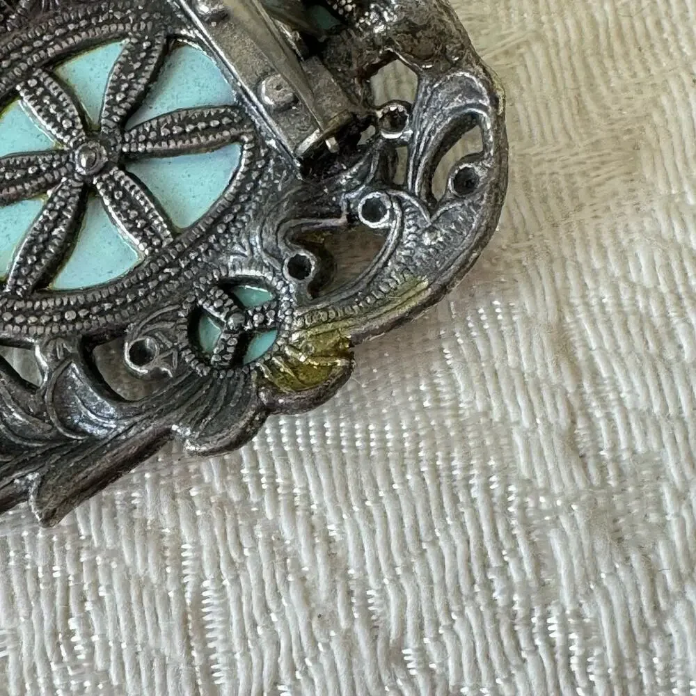 Vintage Art Deco Filigree Turquoise Glass & Silver Dress Fur Clip Brooch 1920s